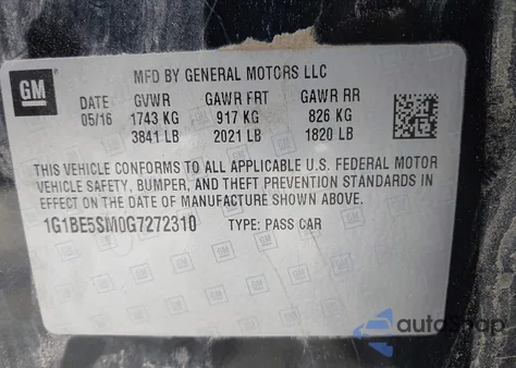 2016 Chevrolet Cruze Lt Auto из США, поврежденный, VIN 1G1BE5SM0G7272310